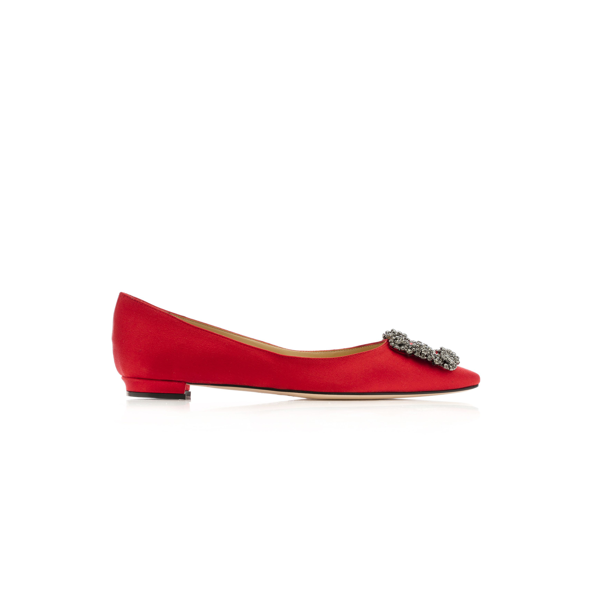 MANOLO BLAHNIK HANGISIFLAT RED SATIN JEWEL BUCKLE FLAT PUMPS 9XX-0348-0052 MANOLO BLAHNIK HANGISIFLAT RED SATIN JEWEL BUCKLE FLAT PUMPS 9XX-0348-0052